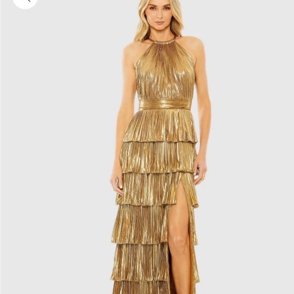 Mac Duggal Gold Metallic Tiered Halter Maxi Dress